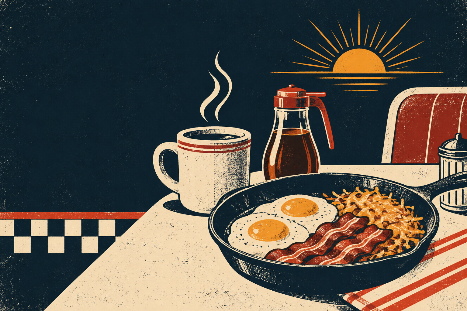 Illustrated diner breakfast table with coffee, syrup, skillet and sunrise